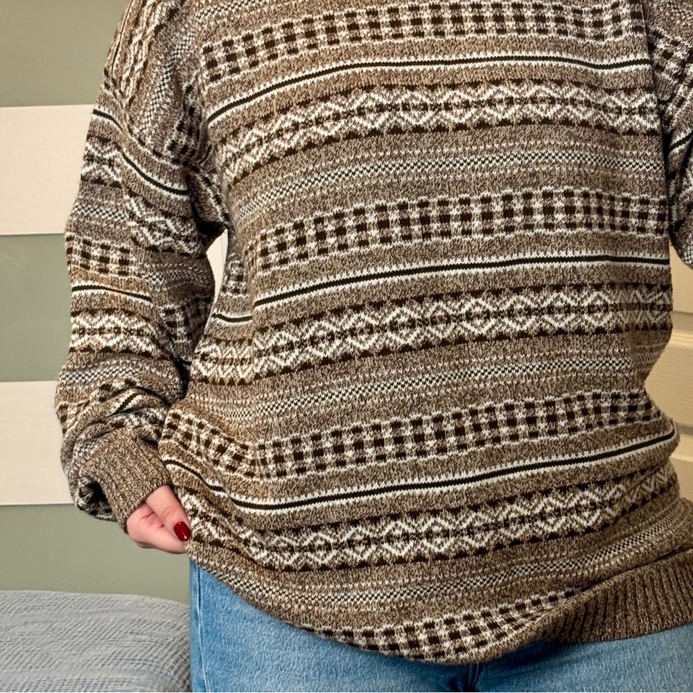 ‼️SOLD‼️ VINTAGE 90s R&R Classics Brown and White Knit Crew Sweater Pullover XL - Picture 8 of 13